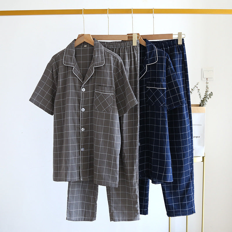Men's Single-Line Plaid Pajamas - Short-Sleeved Trousers Suit