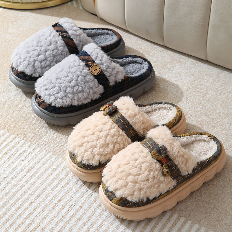 Winter Plush Slippers With Bow Button Design Indoor Non-slip Thick-soled Fur Home Slipper Fluffy Slides Household Warm Hose Shoes For Women