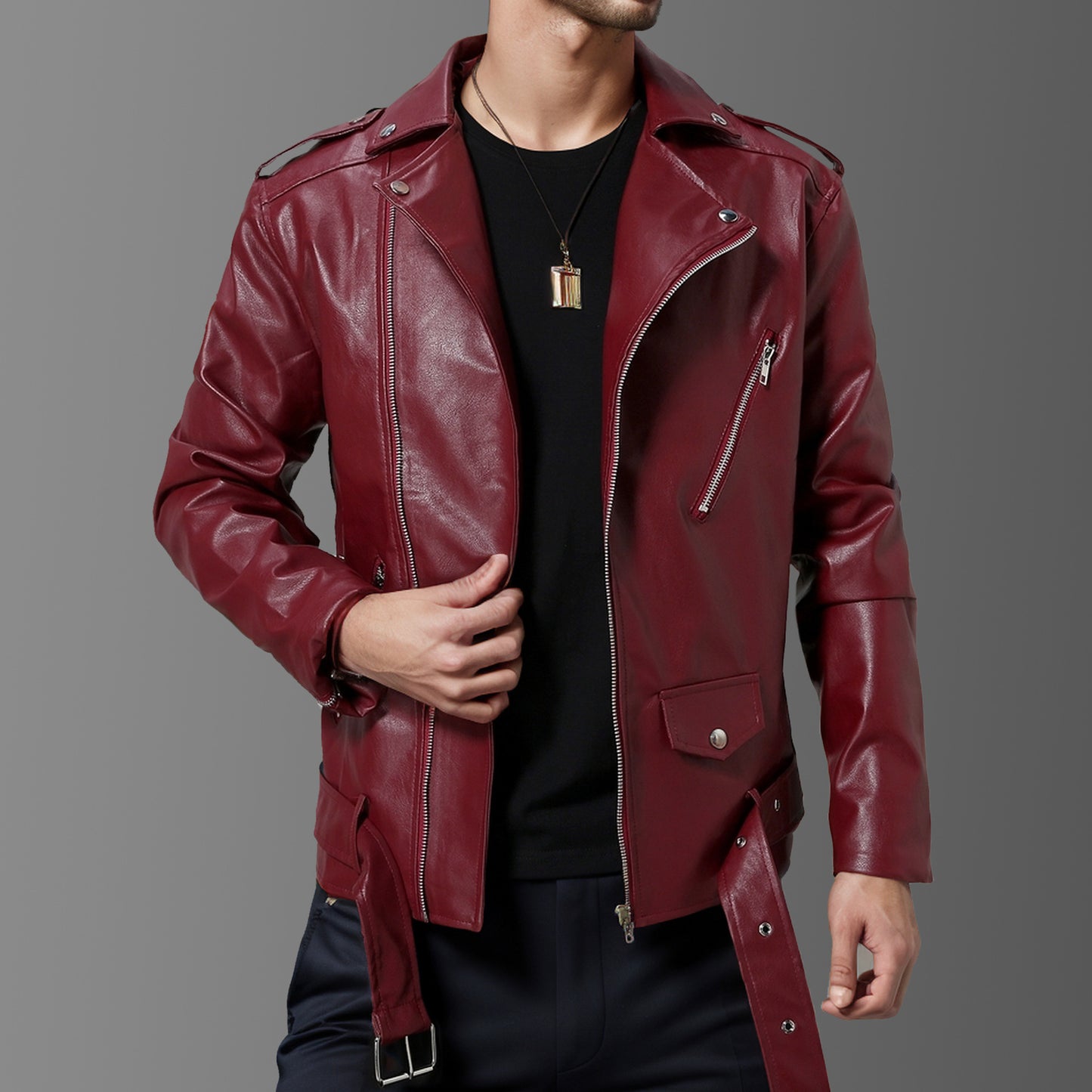 Men's Faux Leather Slim-fit Jacket - Lapel Collar, High Elasticity