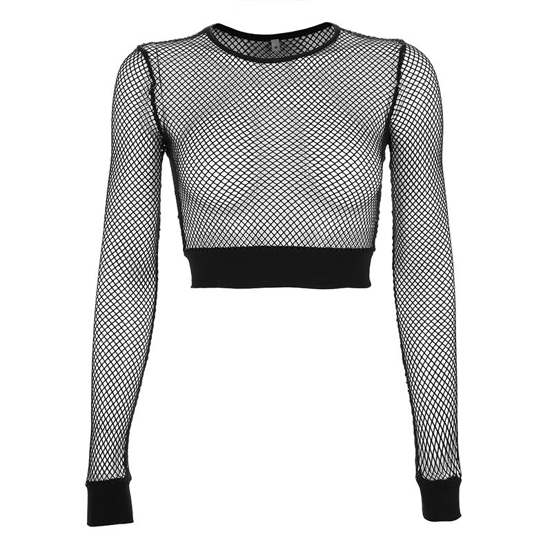 Women Clothing Sexy Grid See through Women Tops Long Sleeve Tight T shirt Ladies - ForVanity 