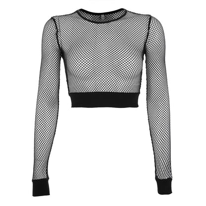 Women Clothing Sexy Grid See through Women Tops Long Sleeve Tight T shirt Ladies - ForVanity 