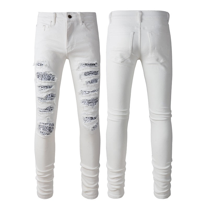 Youth Popularity White Cashew Flower Patch Torn Jeans