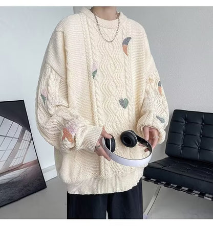 Men’s Twist Embroidered Sweater - Thick Loose Fit Pullover