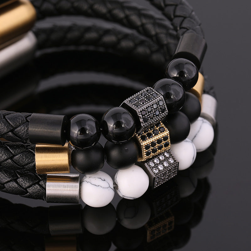 Hand-Woven Cowhide Leather Bracelet with Gold Clasp - ForVanity men's jewellery & watches, women's jewellery & watches Bracelets