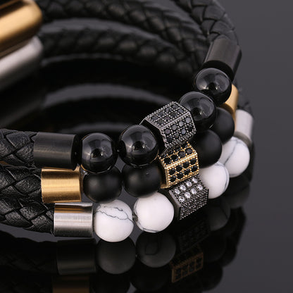 Hand-Woven Cowhide Leather Bracelet with Gold Clasp