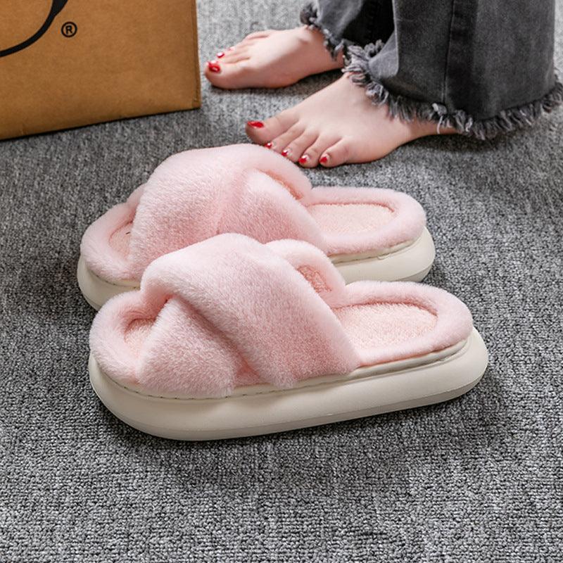 Women's Platform Fuzzy Home Slippers Winter Open Toe Criss-cross Solid Color Casual Floor Slides Indoor Flat Comfy House Shoes - ForVanity SLIPPERS