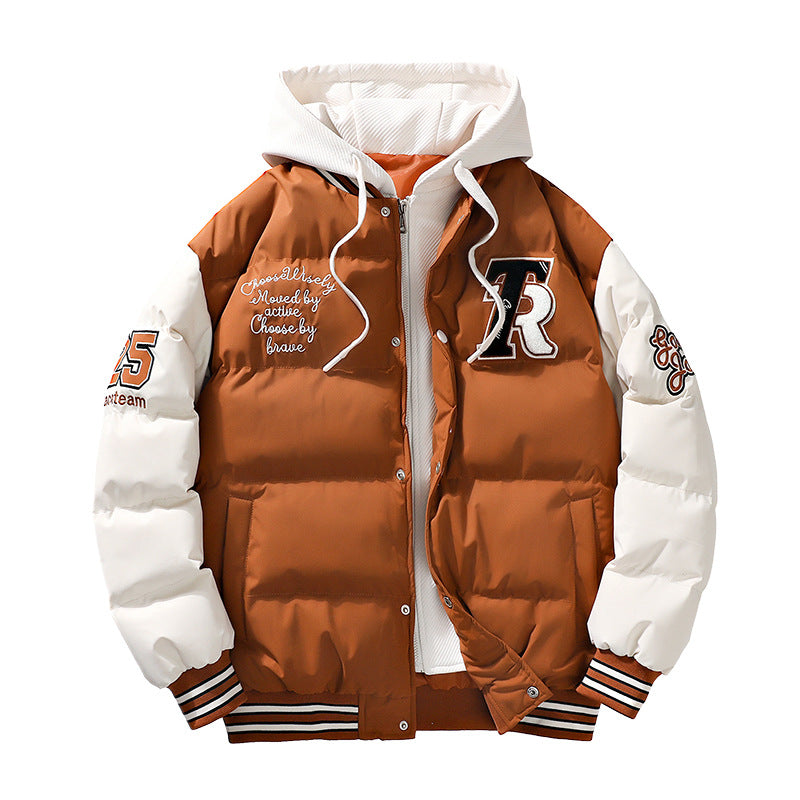 Men's Winter Coat Fake Two-piece Hooded Letter-print Bread Coat