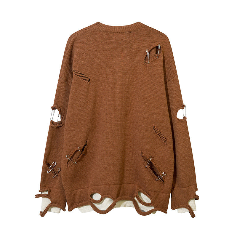 Men’s Ripped Hollow-Out Decorative Pin Knitwear - High Street Style