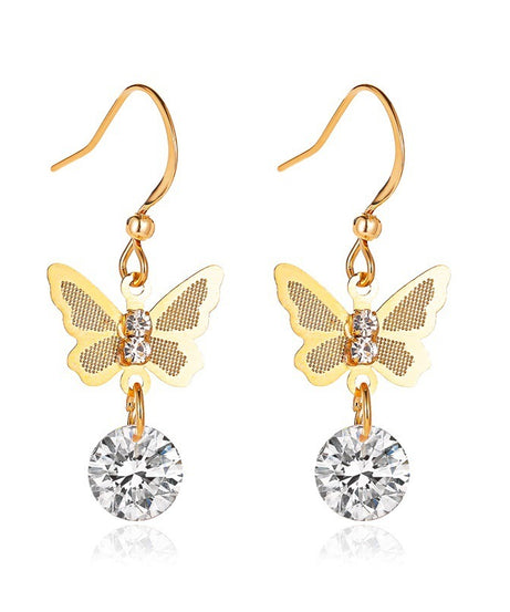 Gold butterfly drop earring with faceted crystal