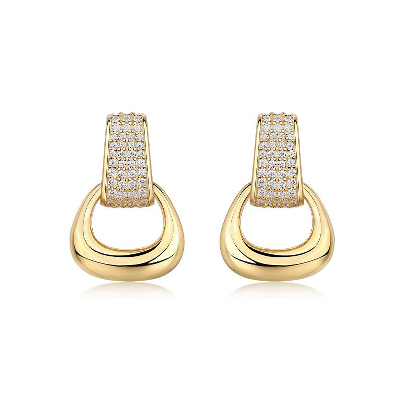 Gold moissanite pavé huggie earrings – front view