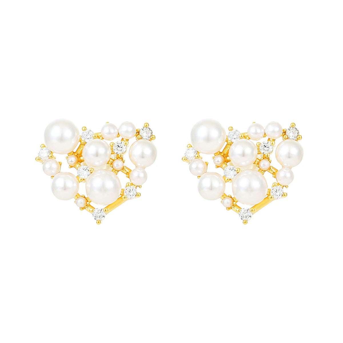 Heart-shaped pearl earrings with gold accents on a white background