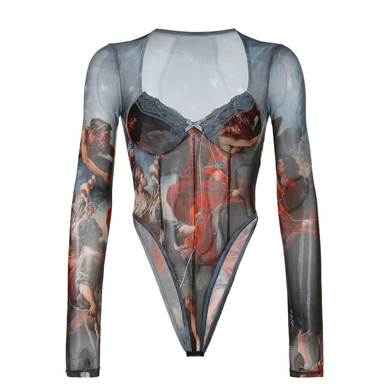 Retro Printed Contrast Color See through Long Sleeve Bodysuit