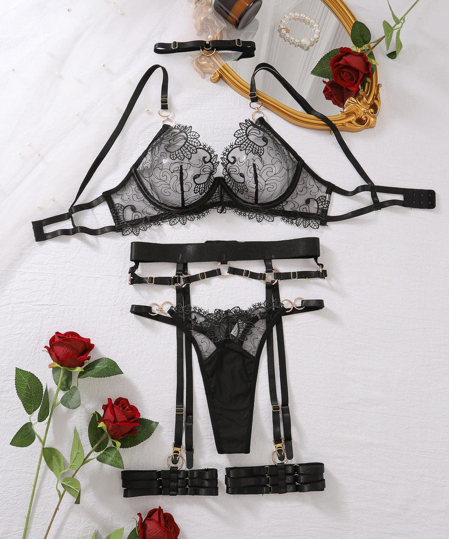 See Through Five-Piece Embroidered Lace Lingerie Set - ForVanity lingerie, women's lingerie Lingerie Set