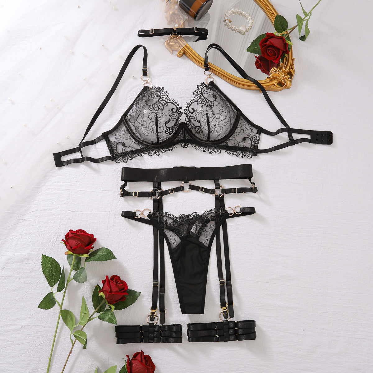 See Through Five-Piece Embroidered Lace Lingerie Set