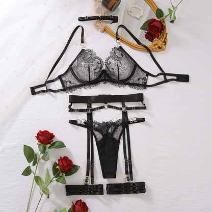 See Through Five-Piece Embroidered Lace Lingerie Set