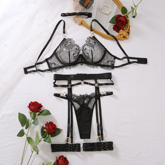 See Through Five-Piece Embroidered Lace Lingerie Set - ForVanity lingerie, women's lingerie Lingerie Set