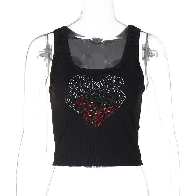 Summer Rhinestone Slim Fit Cropped Sleeveless Top - ForVanity women's clothing, women's tops & tees Tops & Tees