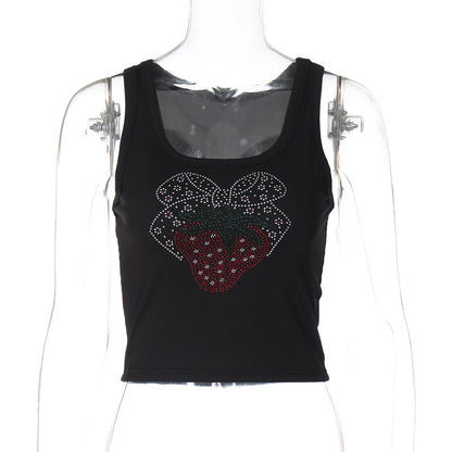 Summer Rhinestone Slim Fit Cropped Sleeveless Top