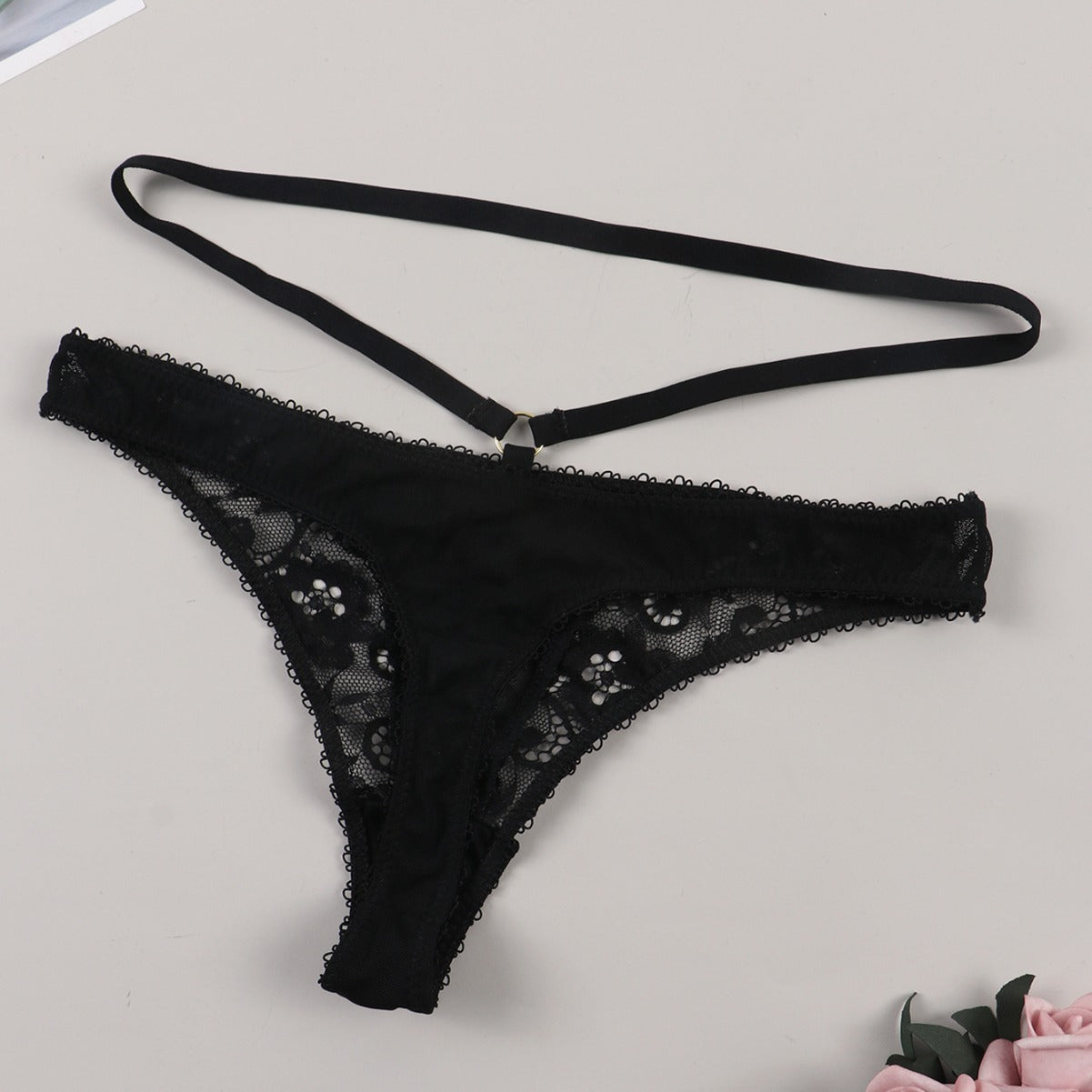 T Shaped Lace Up Thong with Elegant Mesh and Lace Design