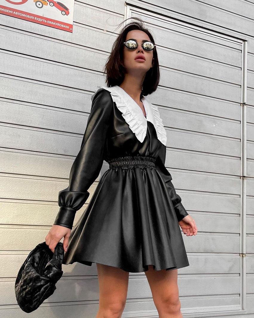 Faux Leather Punk Dress with Lantern Sleeves: Bold Casual Statement - ForVanity dress, leather, Leather Dress Leather Dress