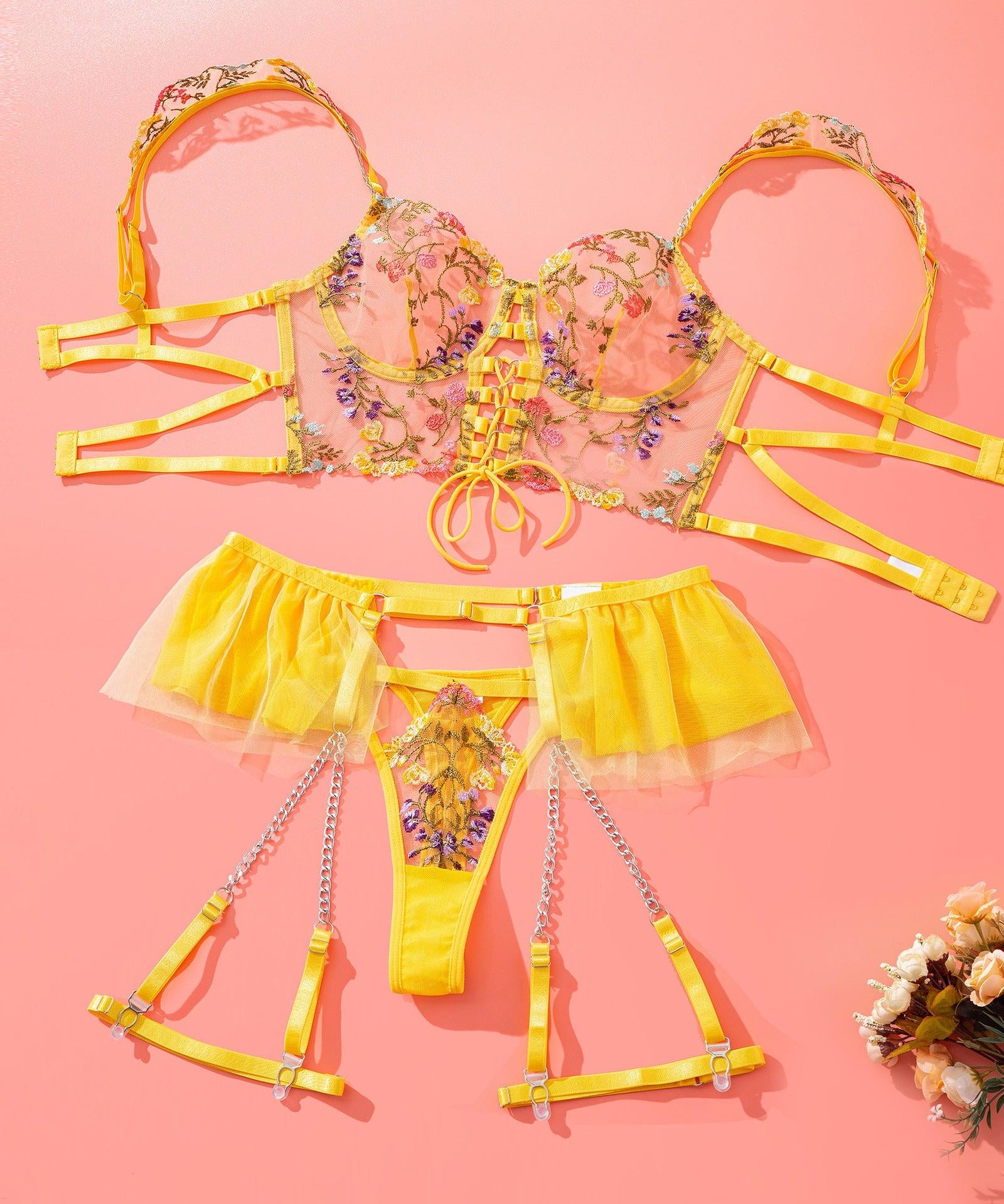 Floral Lace Lingerie Set - Embroidered Mesh Bra & Panty - ForVanity lingerie, women's lingerie Lingerie Set