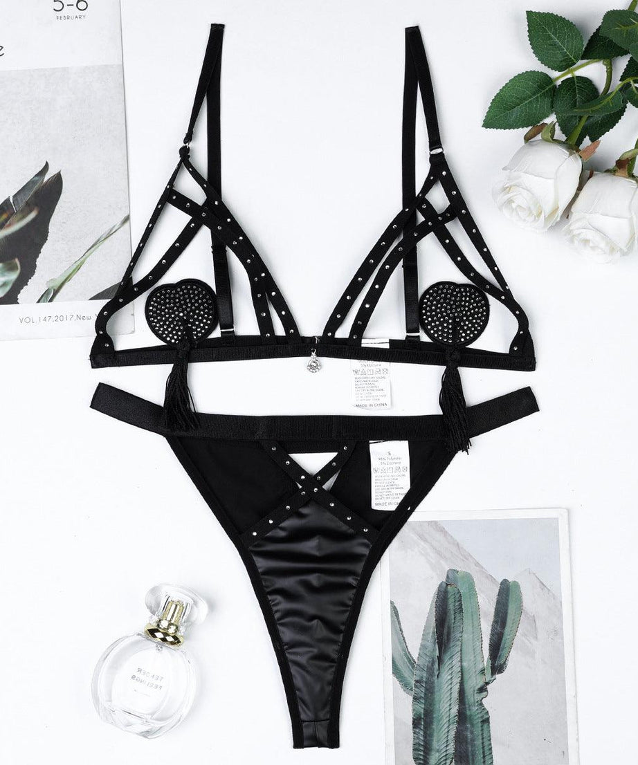 Crystal Tassel Embellished Low-Cut Lingerie Set - ForVanity lingerie, women's lingerie Lingerie