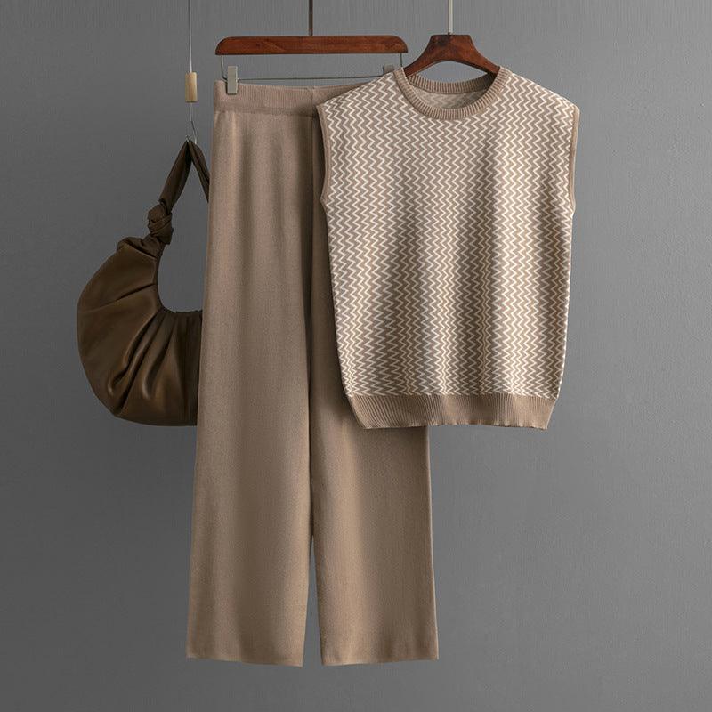 Women Sleeveless Sweater Top Straight Wide Leg Pants Outfit - ForVanity sweaters outfits, women's outfits Sweaters Outfits