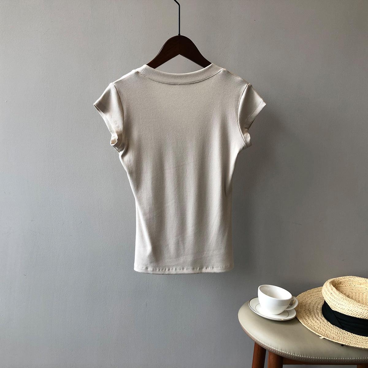 Summer Casual Slim Fit Solid Color Short Sleeve Women's T-Shirt - ForVanity women's clothing, women's t-shirts T-Shirts