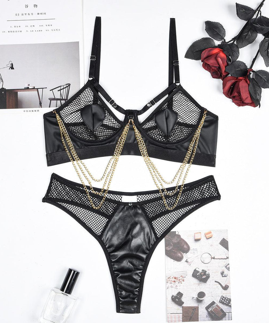 Edgy Metal Chain Grid Stitching Faux Leather Lingerie Set - ForVanity lingerie, women's lingerie Lingerie