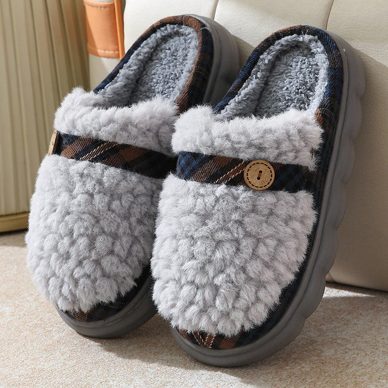 Winter Plush Slippers With Bow Button Design Indoor Non-slip Thick-soled Fur Home Slipper Fluffy Slides Household Warm Hose Shoes For Women