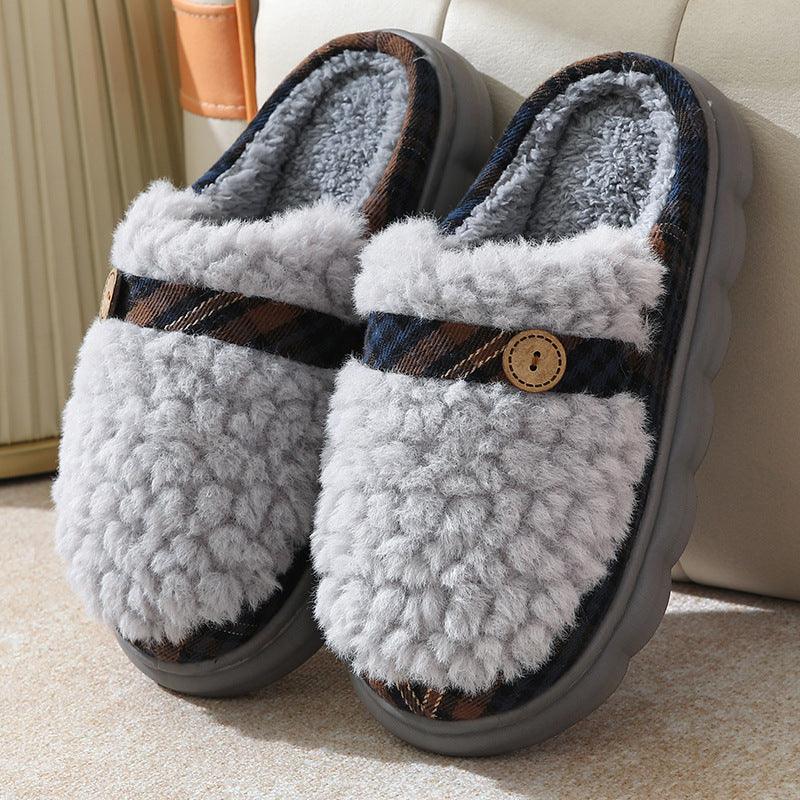 Winter Plush Slippers With Bow Button Design Indoor Non-slip Thick-soled Fur Home Slipper Fluffy Slides Household Warm Hose Shoes For Women - ForVanity SLIPPERS