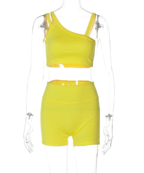 Women Summer Solid Color Sling Slim Fit Fitness Shorts Outfit - ForVanity 