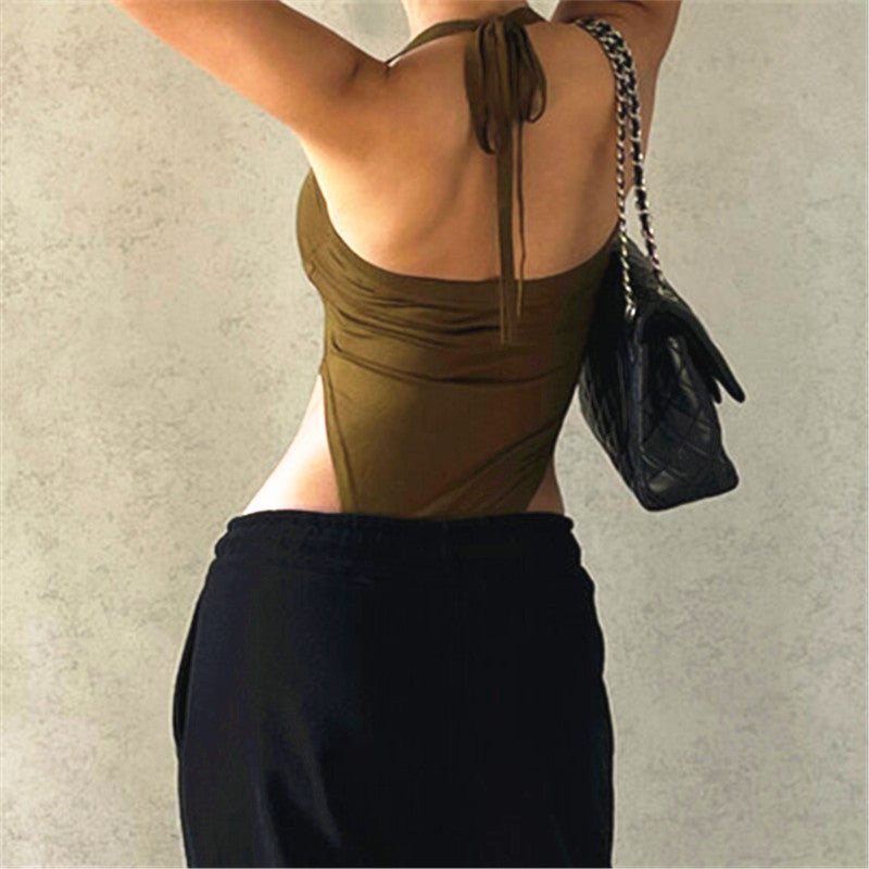 Summer Word Collar Halter Lace Up Backless Bodysuit