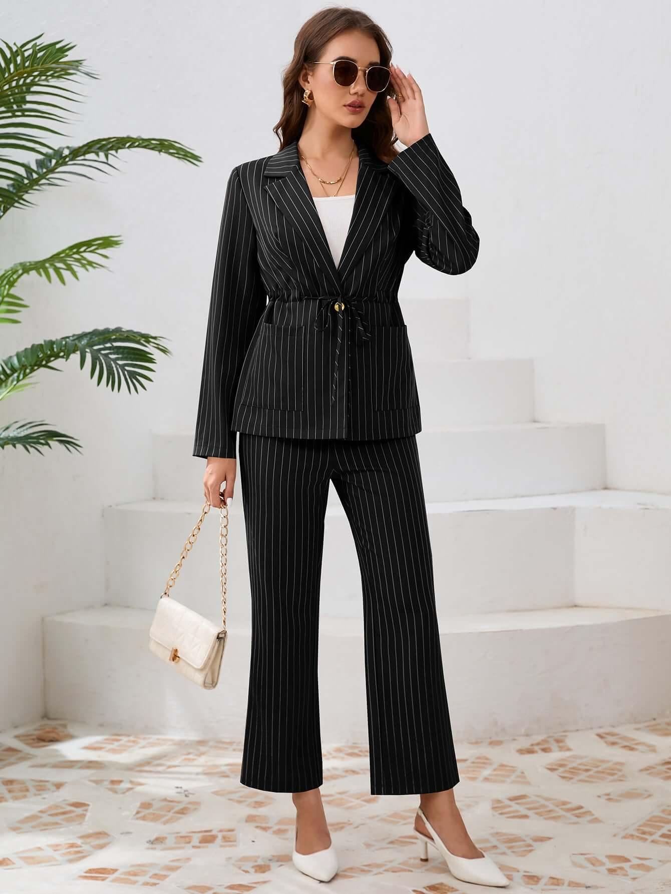 Women’s Striped Blazer & Straight Leg Trousers - Office Two-Piece Set - ForVanity women's clothing, women's outfits, women's suits Pant Suits