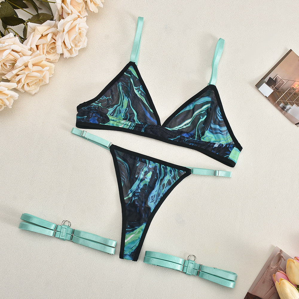 Four-Piece Printed Mesh Lingerie Set