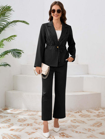 Women’s Striped Blazer & Straight Leg Trousers - Office Two-Piece Set - ForVanity women's clothing, women's outfits, women's suits Pant Suits