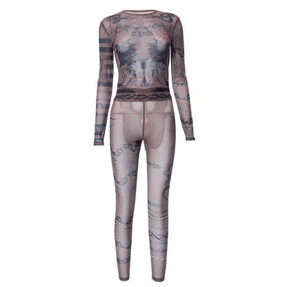 Women Skinny Mesh Printed Casual Outfit - ForVanity pant outfit, women's outfits Pants Outfits