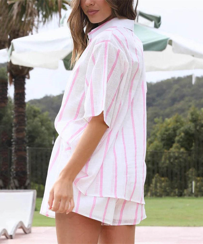 Summer Striped Printed Beach Casual Shorts Outfit - ForVanity 