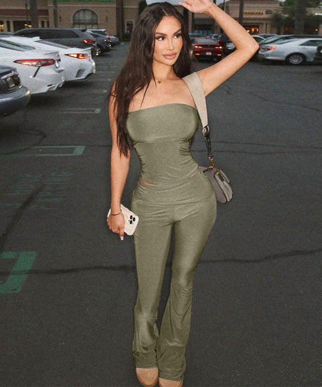 Women’s Strapless Tube Top & High-Waist Trousers - Slim Fit Set - ForVanity pant outfit, women's outfits Pants Outfits