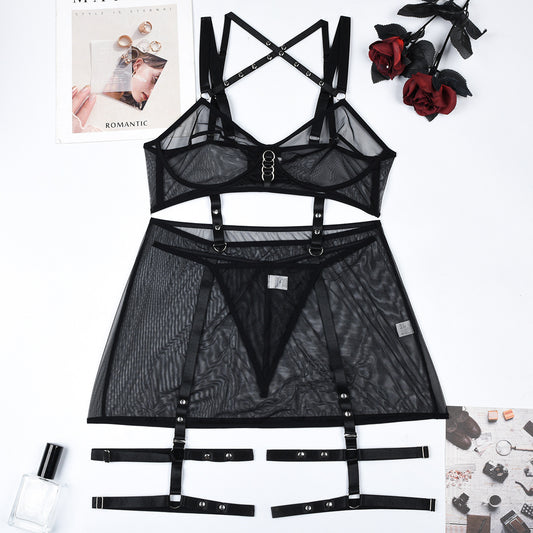 Black Three-Point Lingerie Set - Sexy Mesh Underwear with Cutouts