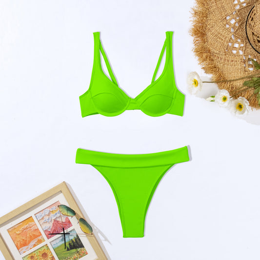Solid Color Steel Support Bikini - Sexy Split Swimsuit for Boho Vacation