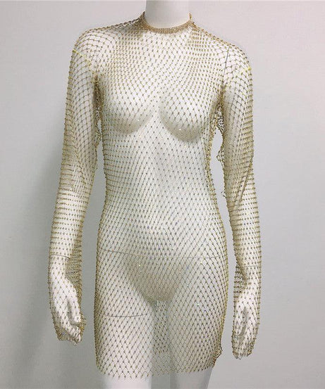 Grid Rhinestone Fishnet Fishnet Beach Dress - ForVanity dress, Vacation Dress Vacation Dress