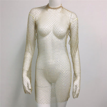 Grid Rhinestone Fishnet Fishnet Beach Dress