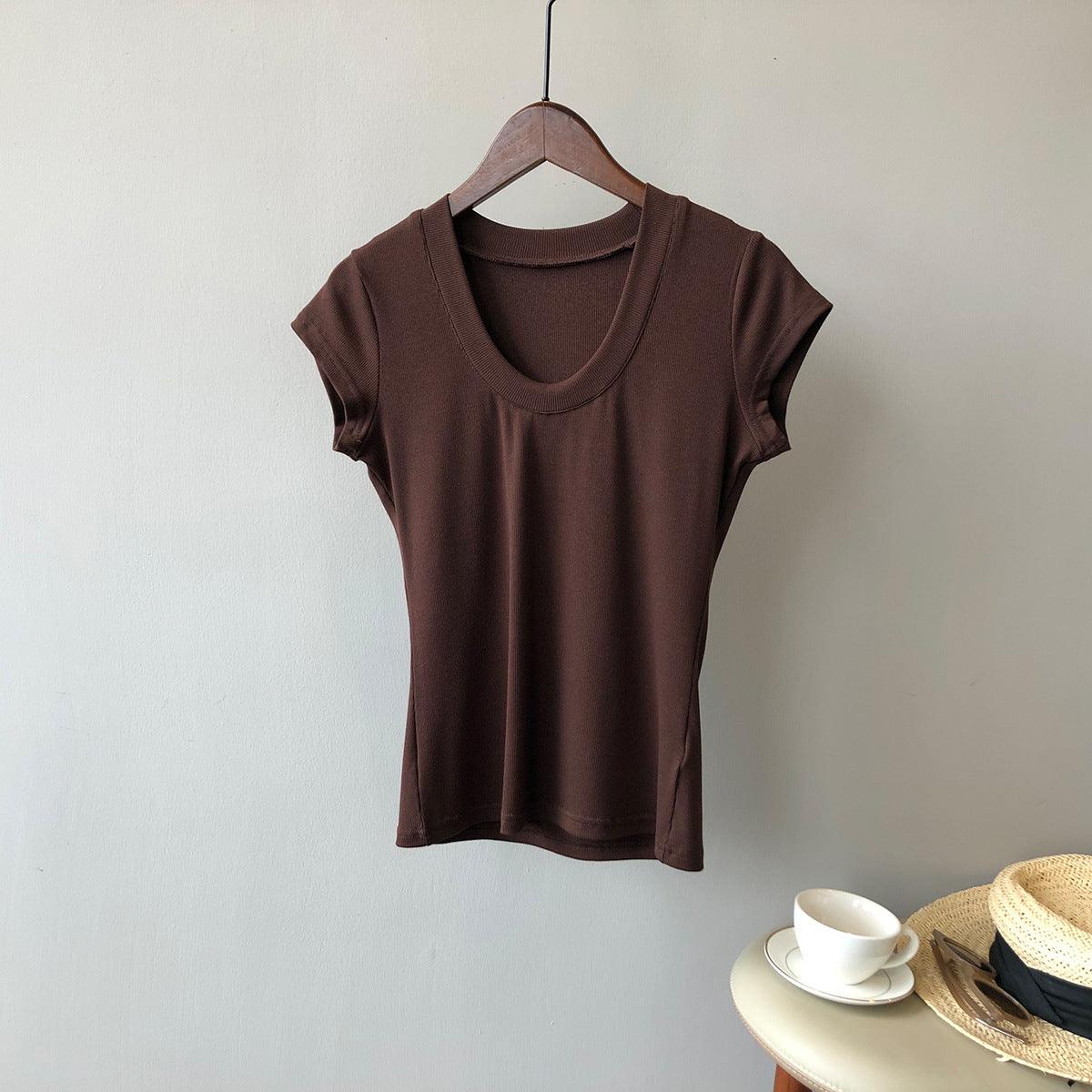 Summer Casual Slim Fit Solid Color Short Sleeve Women's T-Shirt - ForVanity women's clothing, women's t-shirts T-Shirts
