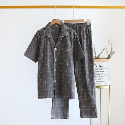 Men's Single-Line Plaid Pajamas - Short-Sleeved Trousers Suit