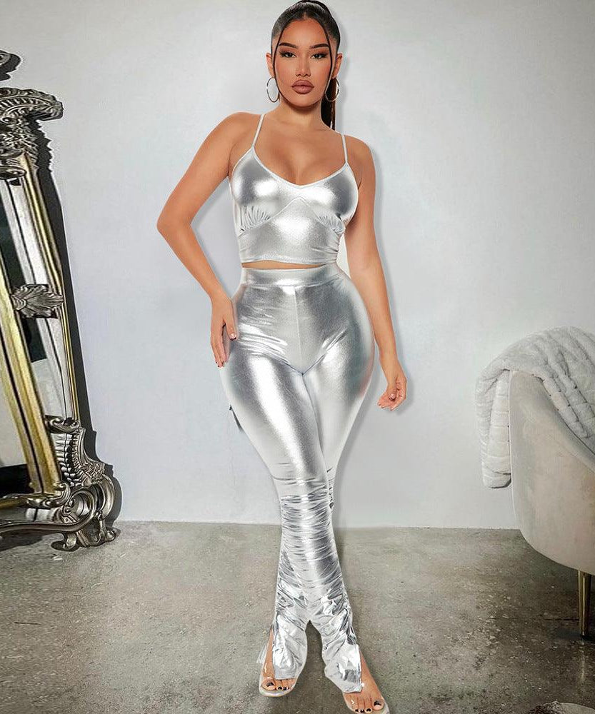 Two Piece Metallic Glossy Pleated Outfit - ForVanity pant outfit, women's outfits Pants Outfits