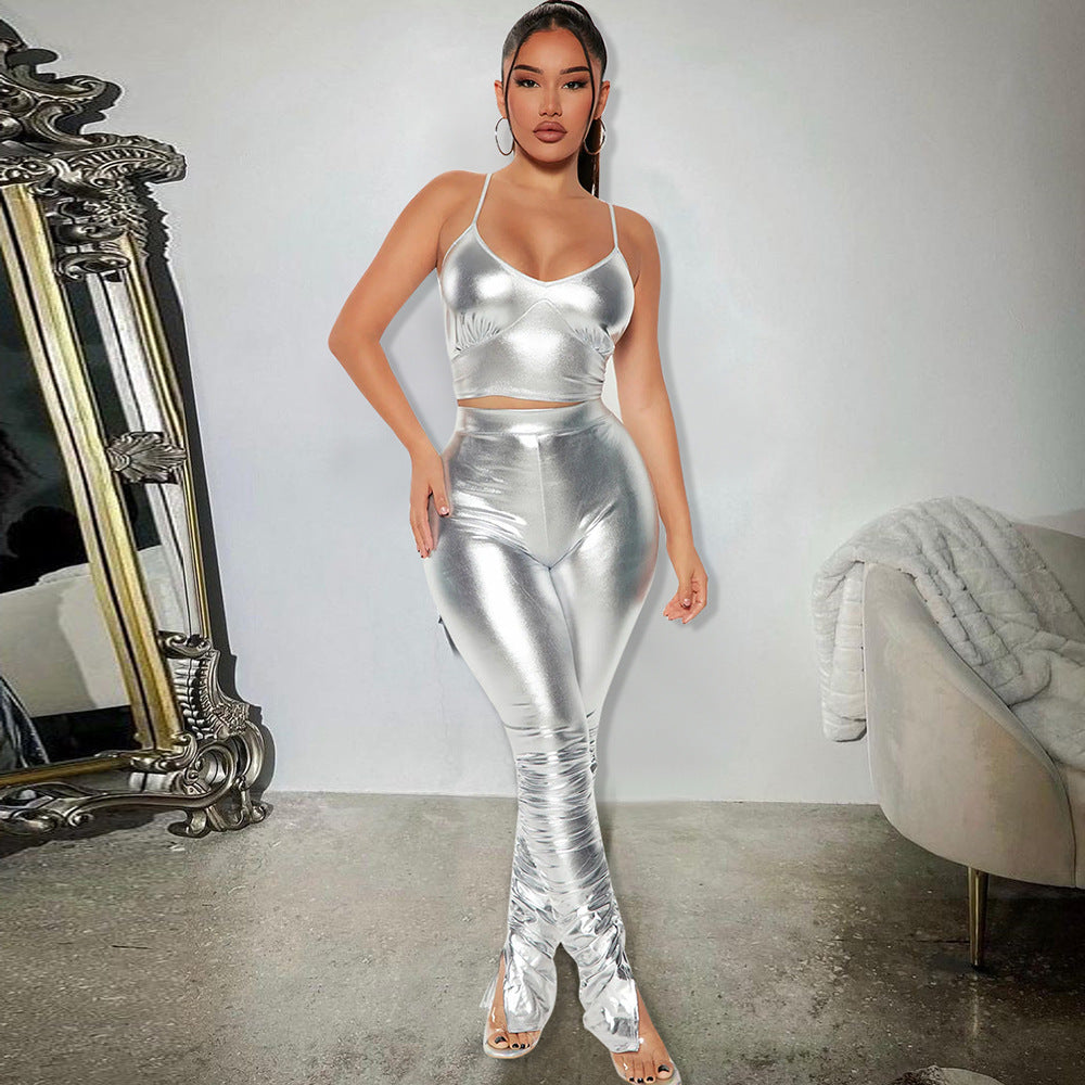 Two Piece Metallic Glossy Pleated Outfit