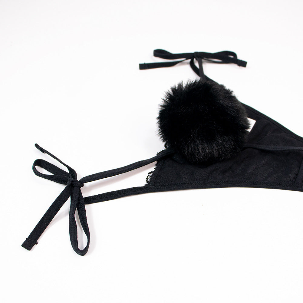 Rabbit Tail T Back Lace Up Ultra Thin Quick Drying Fur Ball Thong