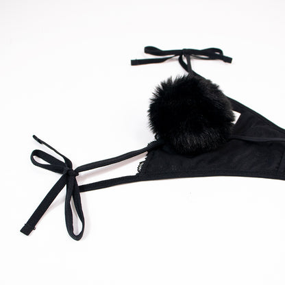 Rabbit Tail Lace-Up Thong - Ultra-Thin, Quick-Drying, Fur Ball Design