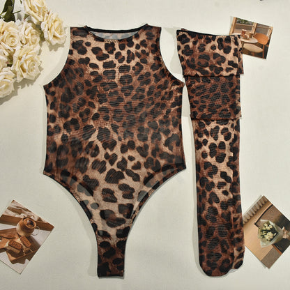 Leopard Print One Piece Lingerie Sheer Mesh Body Stockings